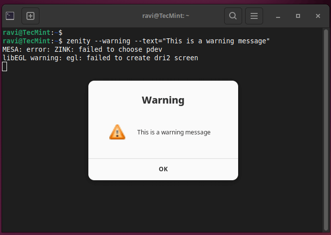 Zenity Show Warning Dialog