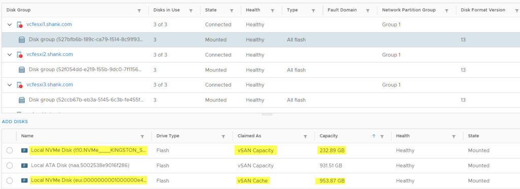 VCF vSAN Disk group incorrectly configured