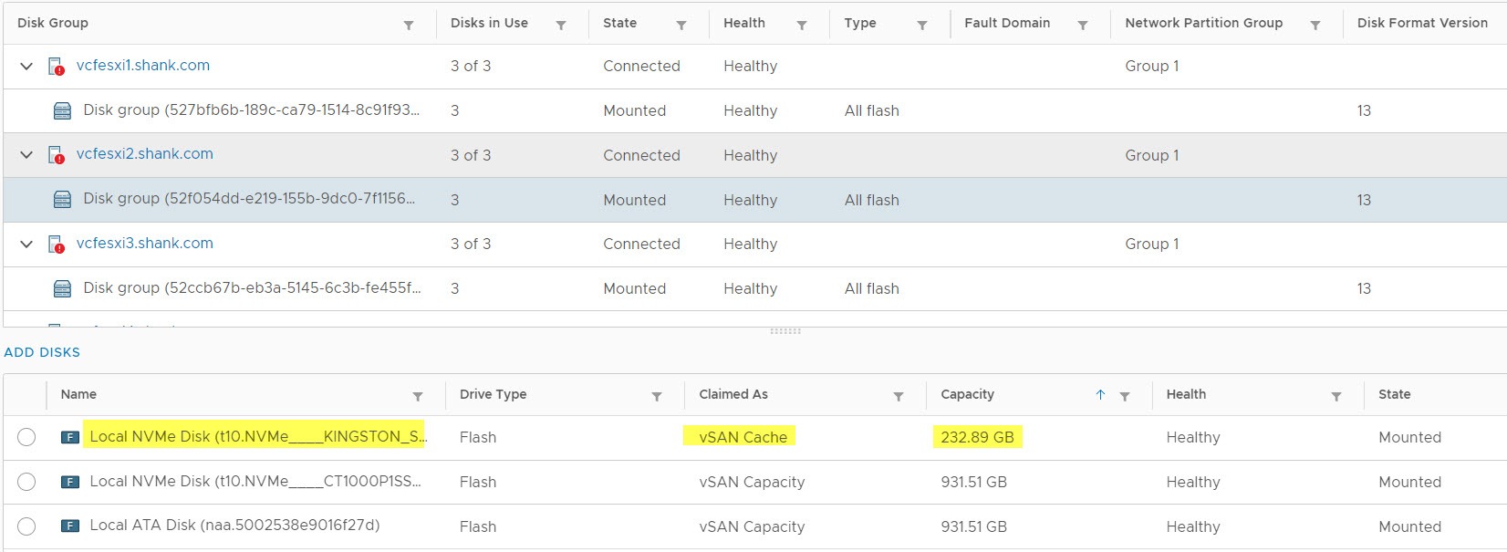 VCF vSAN Disk Groups