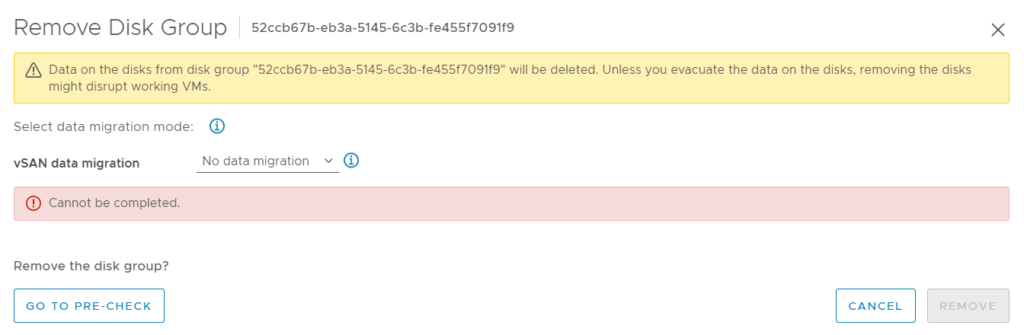 vsan disk group removal failure