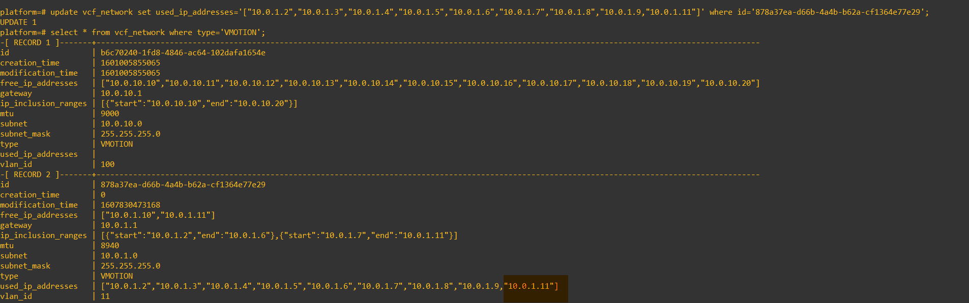 sddc manager postgres database record of ip addresses updated