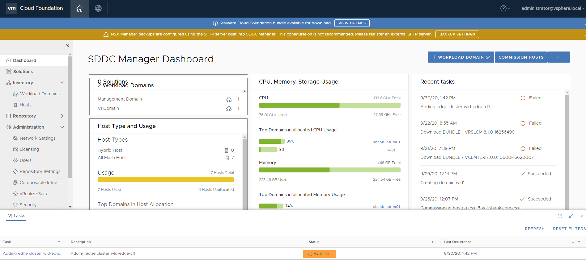 SDDC Manager view of a task not failing or completing