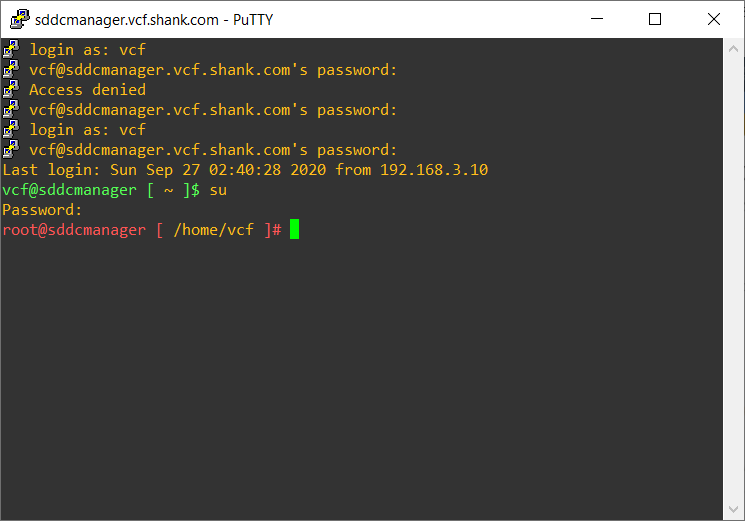 sddc manager putty session su root 