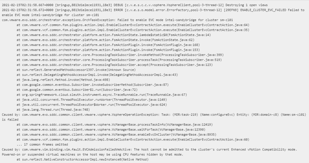 evc management domain cluster fail