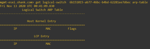 nsx management host nsxcli get logical-switch arp-table no entries