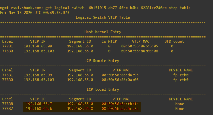 nsxcli management host get logical-switch vtep-table showing vtep ip and vtep mac mapping