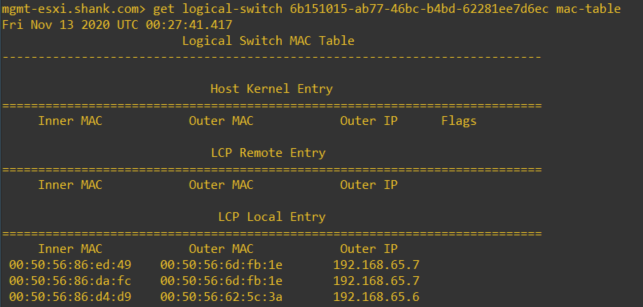 management host nsxcli get logical-switch mac-table to show the inner mac outer mac and outer ip