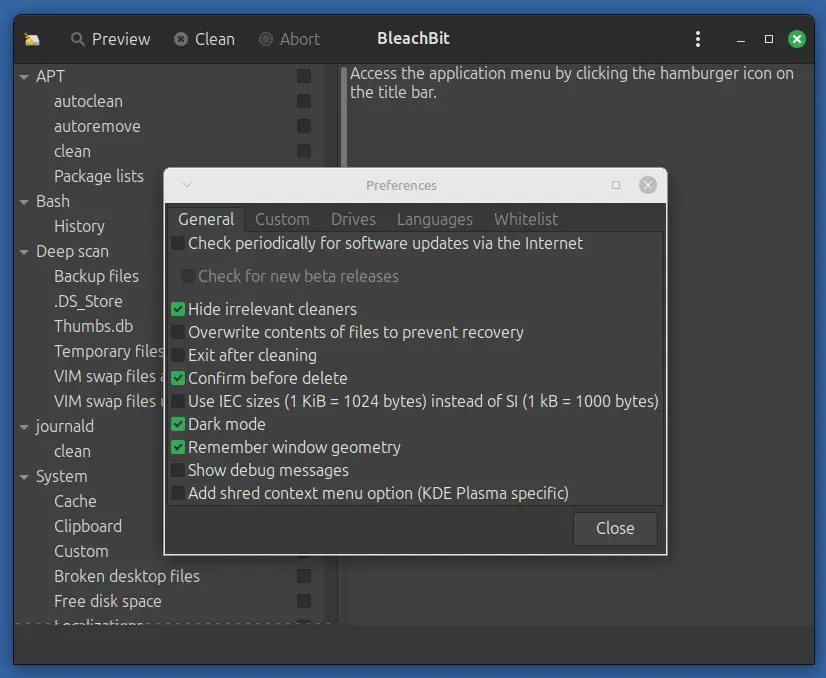 Bleachbit Preferences