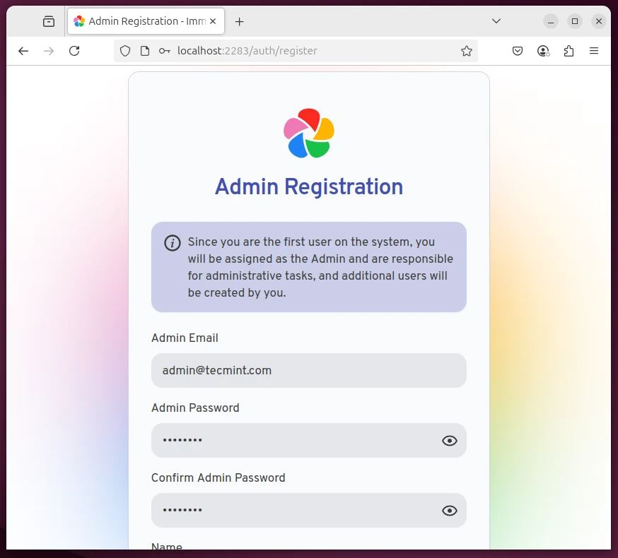 Create Immich Admin Account
