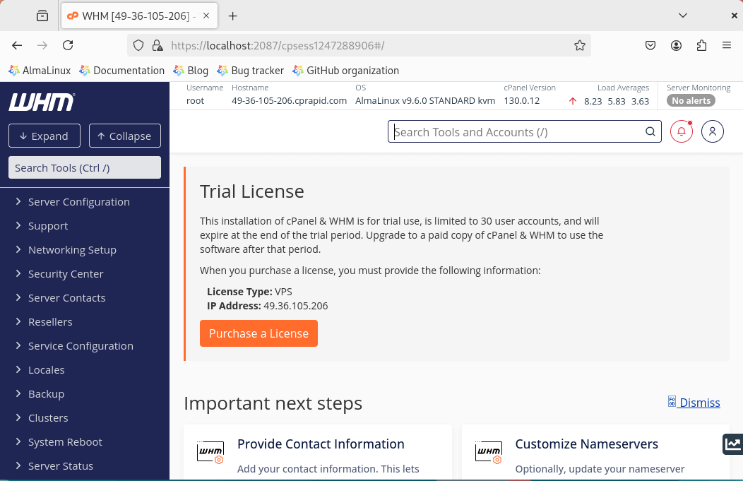 cPanel WHM Dashboard