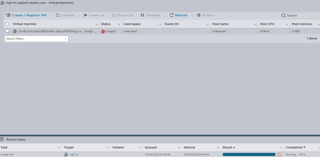 VCF 9 vcenter failed to deploy nfs