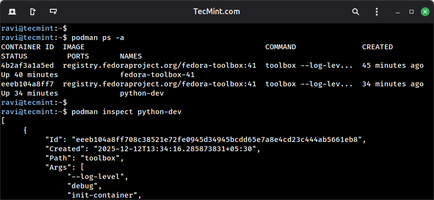 Get Detailed Info About a Toolbx Container Using Podman