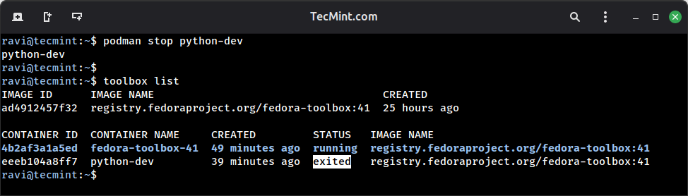 Stopping Running Toolbx Containers