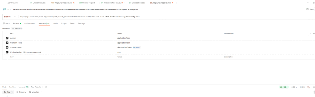 204 response to deleting vidbresourceId. Removing stale VCF SSO