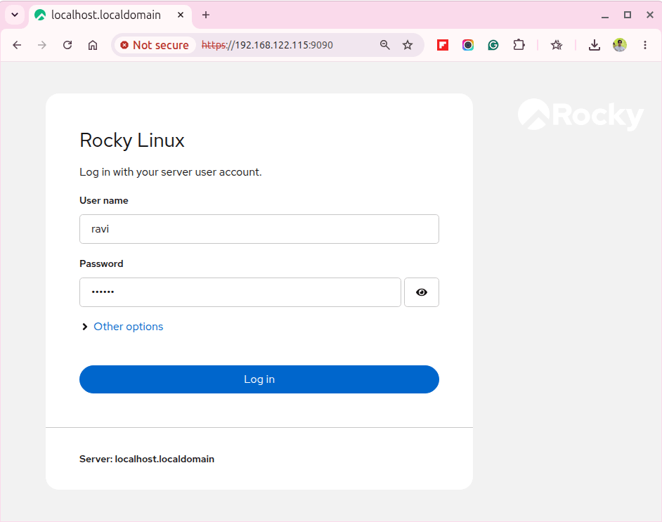 Cockpit login page on Rocky Linux