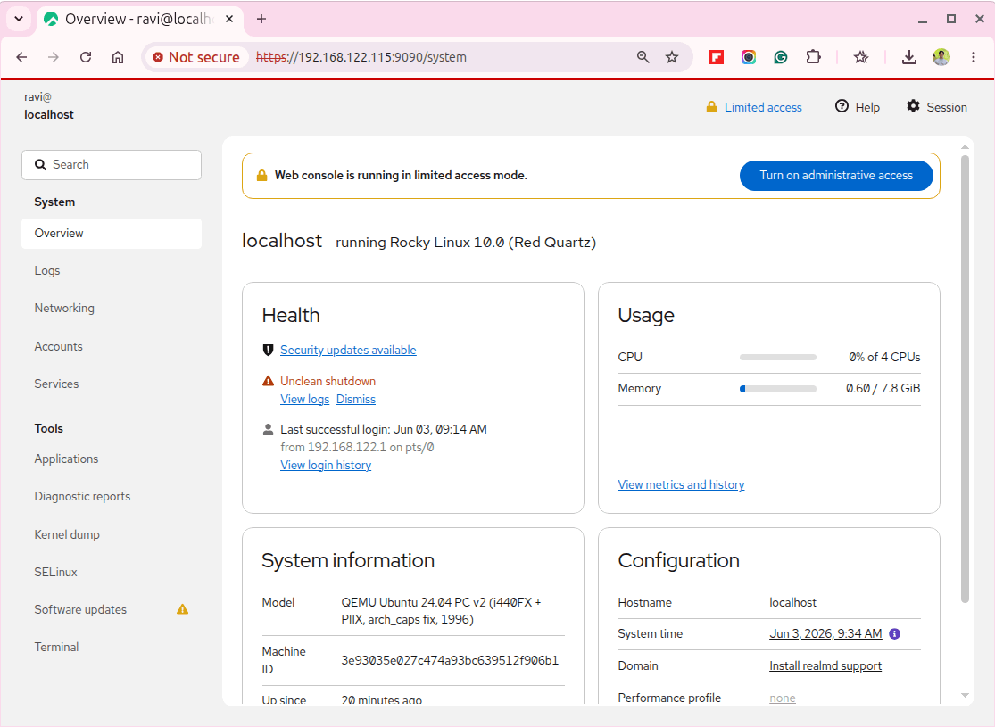 Cockpit system overview dashboard on Rocky Linux