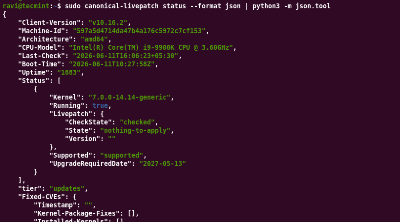 Checking Ubuntu Livepatch Status in JSON Format