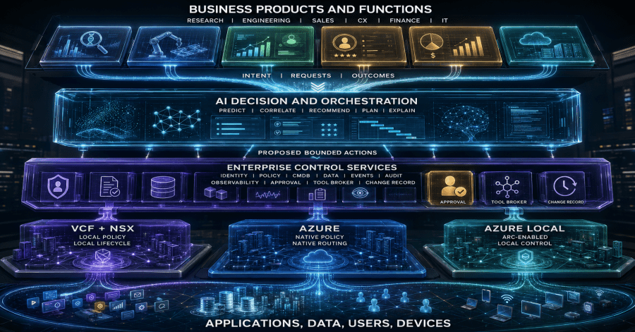 Business intent and AI-assisted decisions pass through enterprise controls before NSX, Azure, and VCF execute changes within their native authority boundaries.