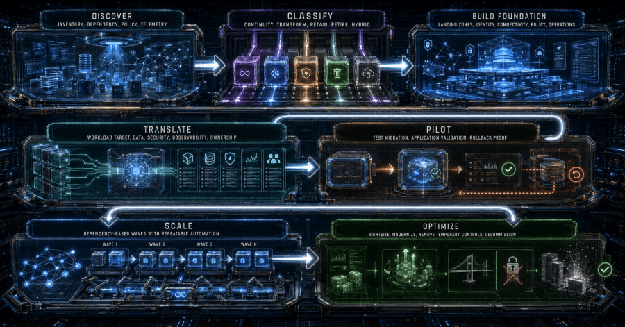 Migration progresses through discovery, intent translation, target design, validation, pilot, cutover, and operational handoff with evidence at each decision gate.