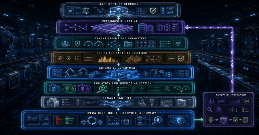 Tenant blueprint lifecycle versions the standard, deploys an approved profile, detects drift, manages exceptions and capacity, and retires environments through a feedback loop.