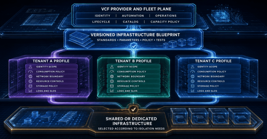 A shared VCF provider plane applies governed blueprints to create distinct tenant profiles while retaining common management and physical infrastructure.