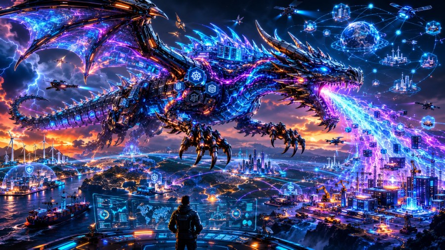 A cybernetic dragon spans factories, a port, cities, and connected clouds, illustrating coordinated infrastructure control across distributed environments.