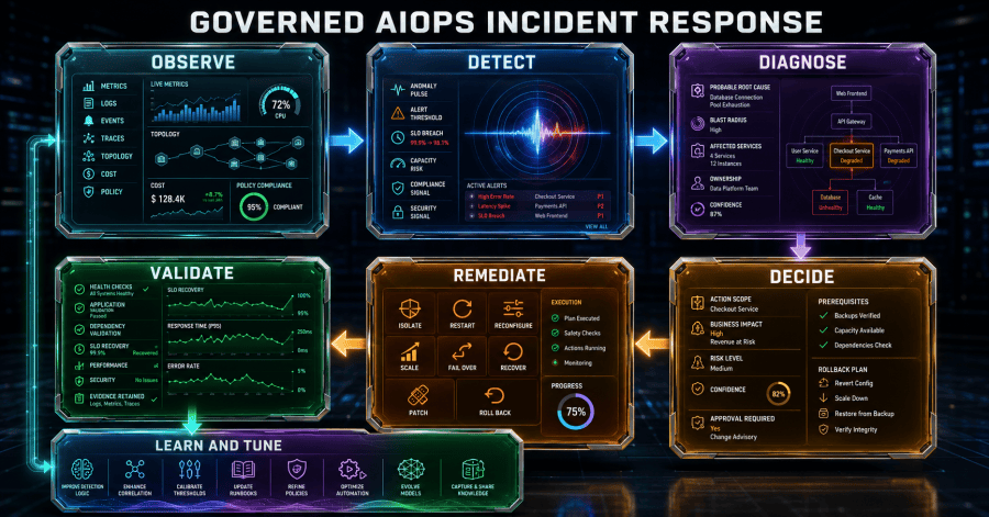 Telemetry is observed, interpreted, authorized, executed through bounded automation, validated, and recorded to improve capacity, security, lifecycle, and service decisions.
