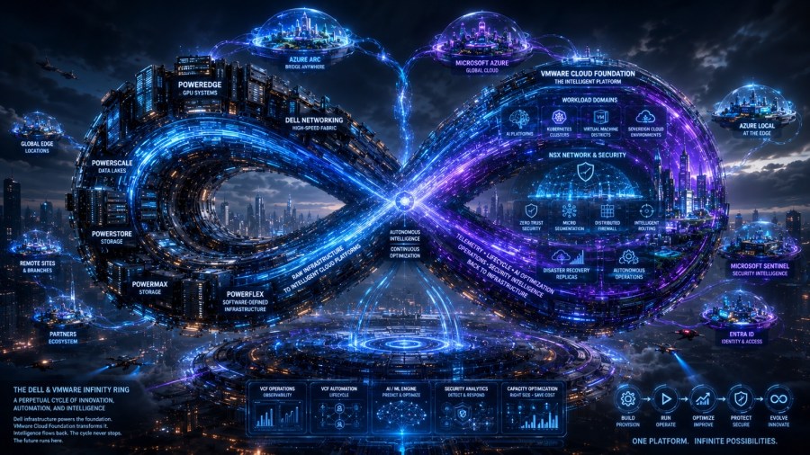 An infinity-ring illustration connects Dell infrastructure, VMware Cloud Foundation, and Azure services as a hybrid-cloud operating model with distinct platform responsibilities.