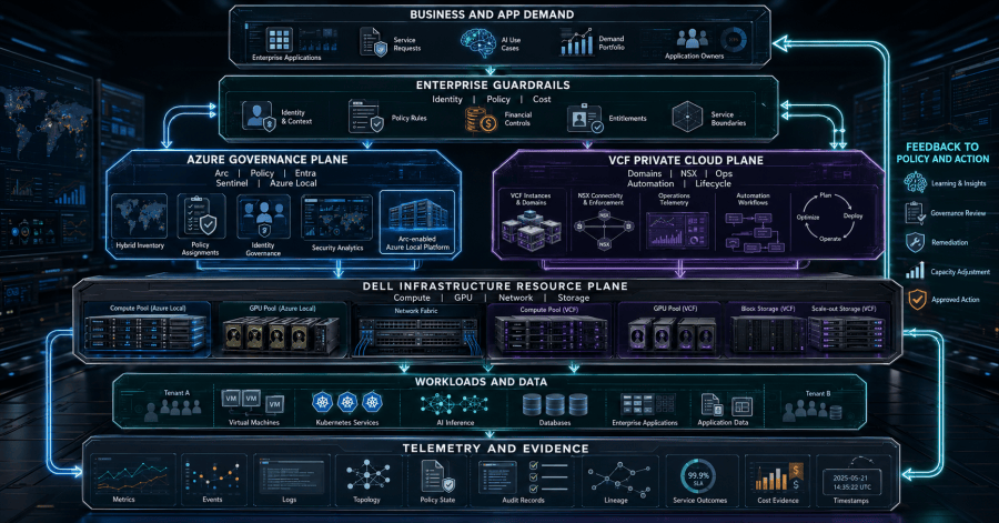 Business intent flows through Azure governance, VMware private-cloud controls, and Dell infrastructure while local execution returns telemetry and evidence upward.