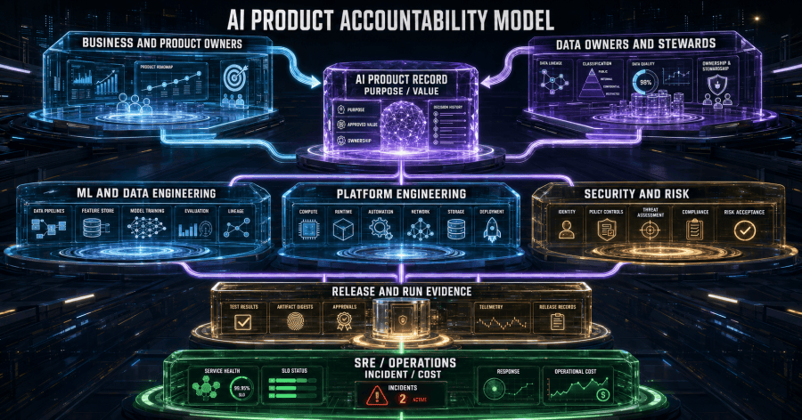 AI control tower assigns accountability across business, data, model, platform, security, operations, and service owners before production promotion.