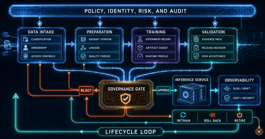Governed model factory moves approved data through preparation, training, evaluation, registry, deployment, observation, rollback, and retirement while preserving evidence.