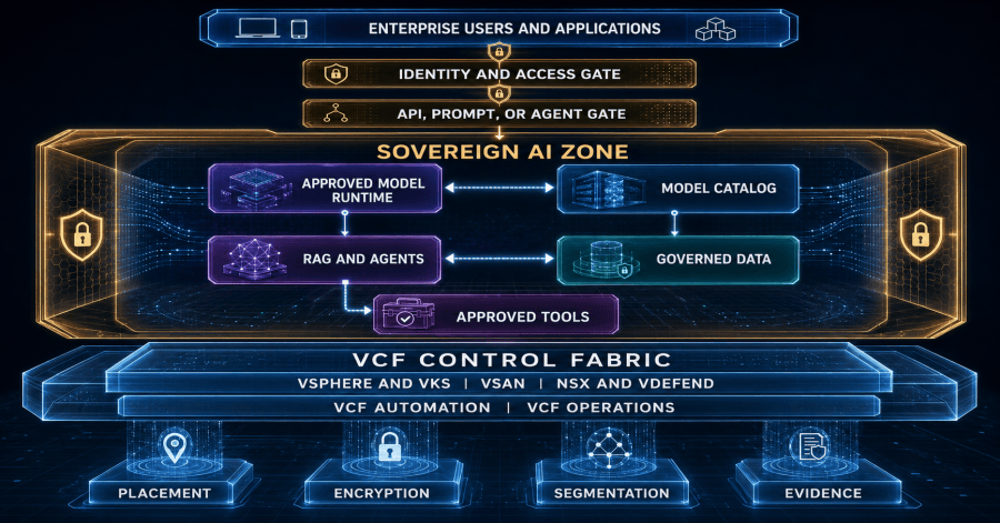 Sovereign boundary surrounds the complete AI service, linking models, data, tools, applications, platform controls, infrastructure, evidence, and recovery.