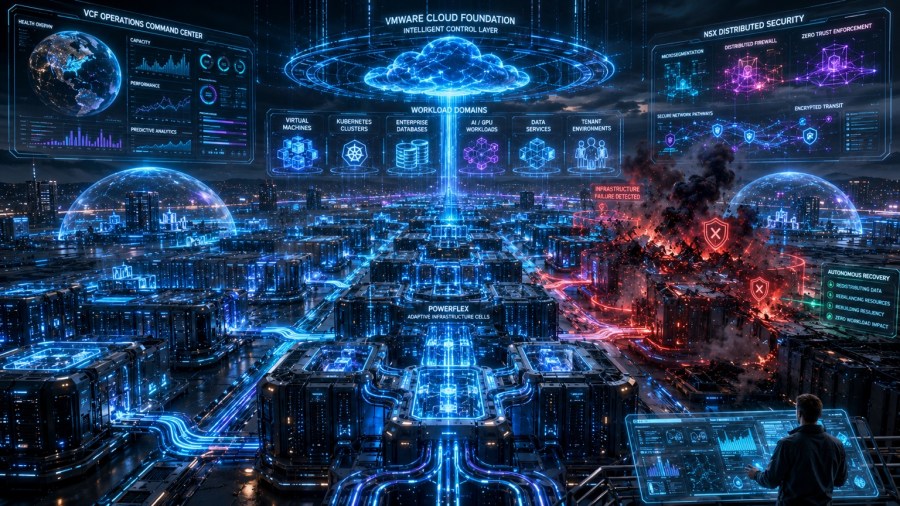 A private-cloud city illustrates operational oversight and security containment, with a central control plane coordinating infrastructure while an affected zone is isolated.