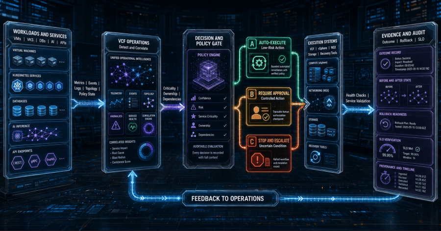 Infrastructure signals pass through context, policy, decision, scoped execution, validation, and evidence before the platform updates its desired operating state.