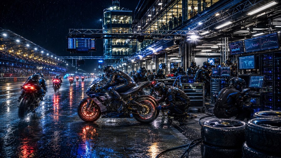 A motorcycle pit crew works under telemetry displays while racers continue on a wet circuit, illustrating coordinated observation, maintenance, and operational response.