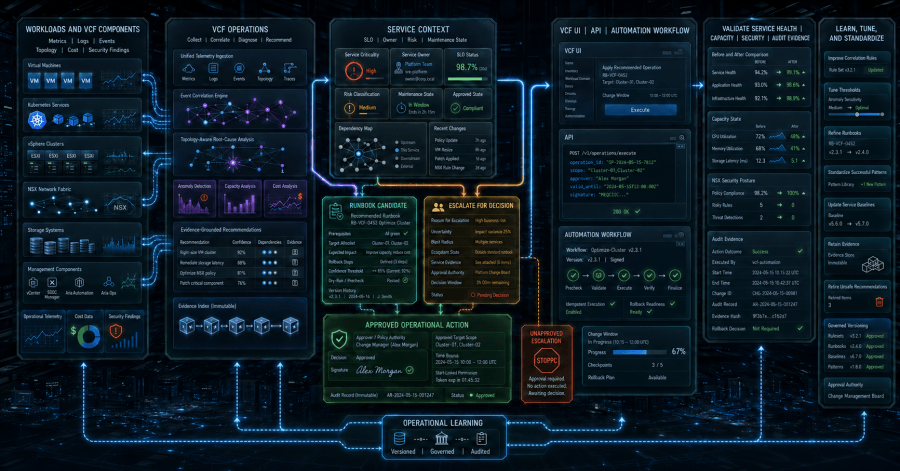 Operational signals progress through context, diagnosis, decision, approval, execution, validation, evidence, and learning to improve the next private-cloud response.