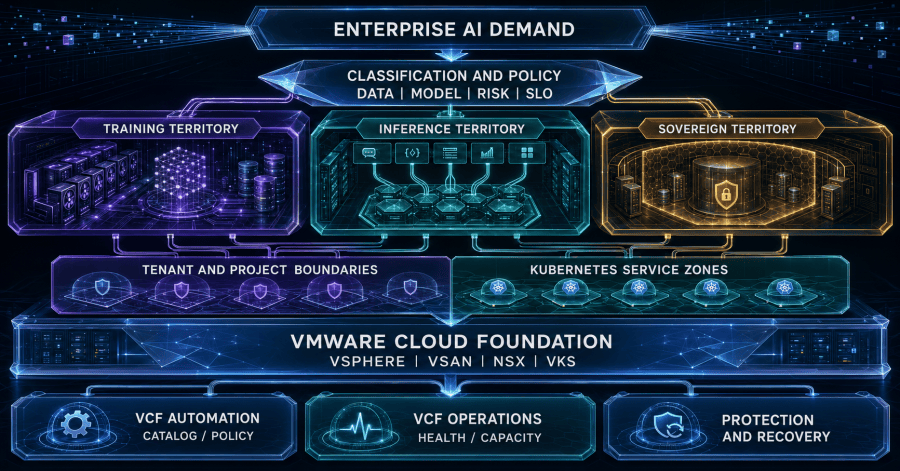 Distinct AI territories for training, inference, regulated data, tenants, Kubernetes, and recovery share a common VCF foundation with policy, operations, automation, and resilience controls.