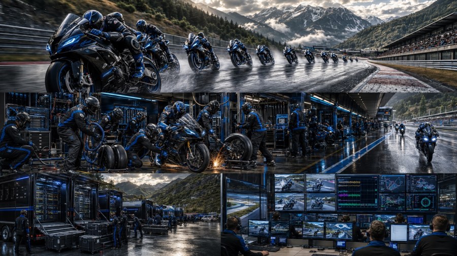 A montage of motorcycle racing, pit maintenance, and telemetry illustrates observation, controlled execution, validation, and coordinated private-cloud operations.