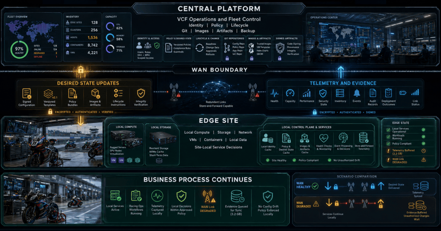 Core platform defines policy, lifecycle, observability, and recovery while edge sites execute local workloads and degraded-mode decisions within governed boundaries.