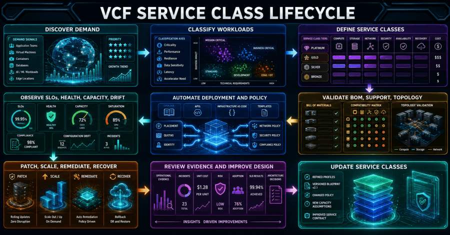 Architecture standards drive deployment and operations, while incidents, capacity, upgrades, exceptions, and recovery tests feed improvements back into service design.