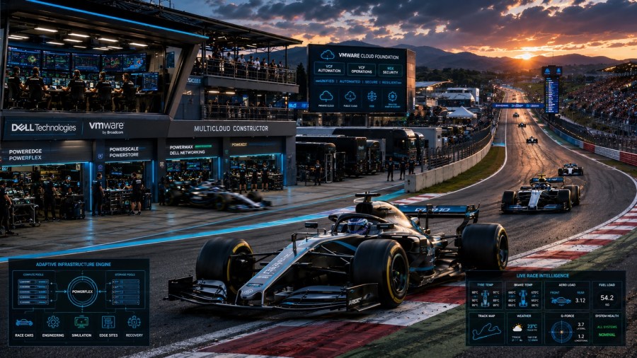 A racing constructor combines cars, pit facilities, telemetry, and coordinated crews, illustrating the shared infrastructure and operational responsibilities of a private cloud.