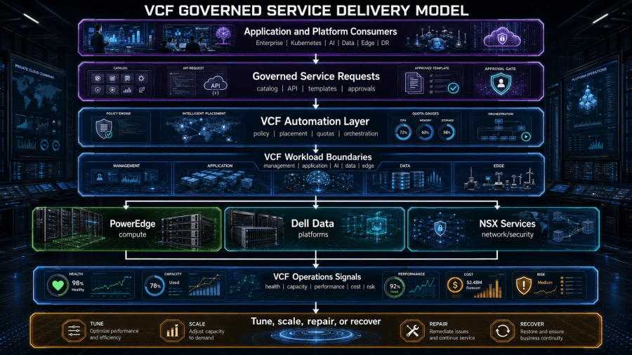 Significant platform changes move through context, risk evaluation, approval, execution, validation, evidence, and learning to improve service patterns and runbooks.
