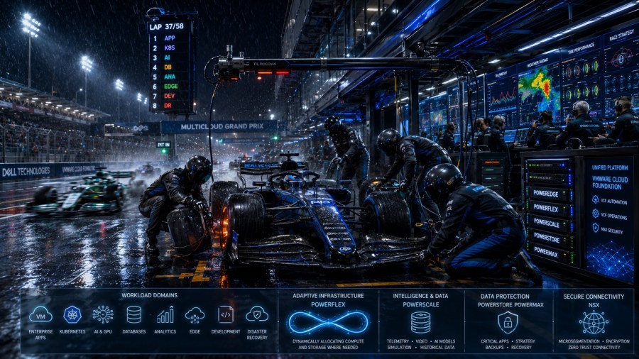 A race car and pit crew operate beside infrastructure and telemetry displays, illustrating coordinated multicloud platform operations.