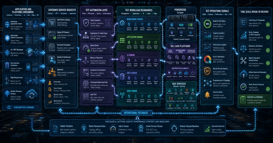 Governed demand flows through VCF automation, workload boundaries, Dell infrastructure, NSX policy, and operations telemetry before feeding the next capacity and risk decision.