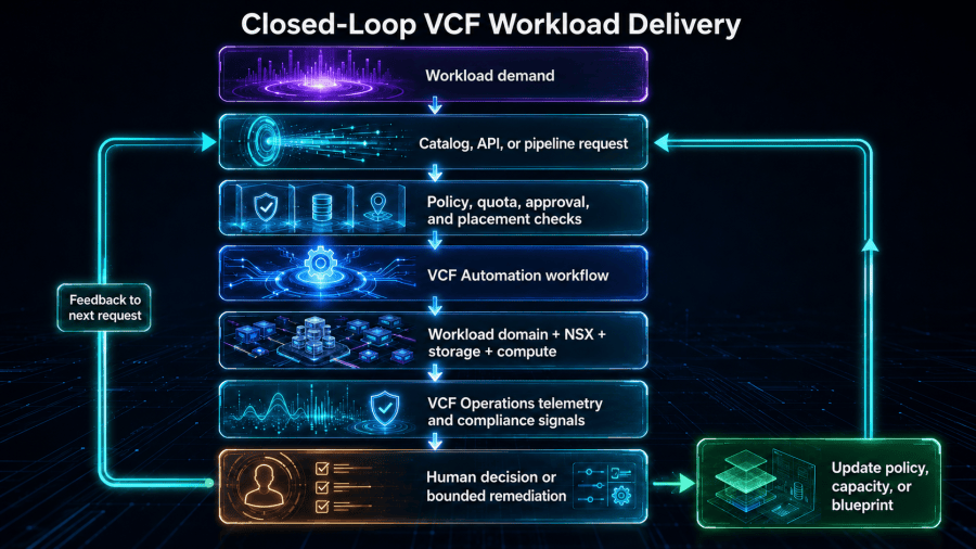 Demand becomes controlled deployment, telemetry becomes decision support, and approved corrective action returns through scoped automation, validation, evidence, and rollback.