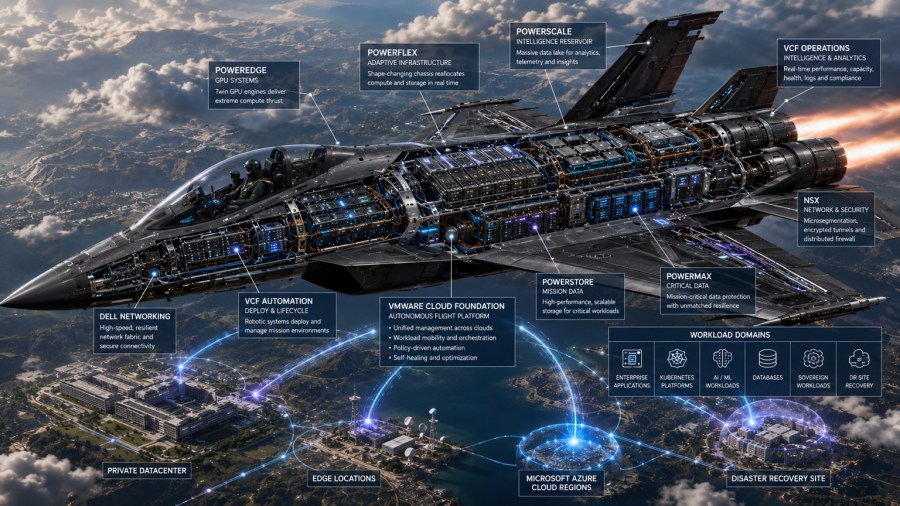 A cutaway aircraft maps infrastructure, networking, storage, automation, and operations components to an integrated hybrid-cloud flight platform.