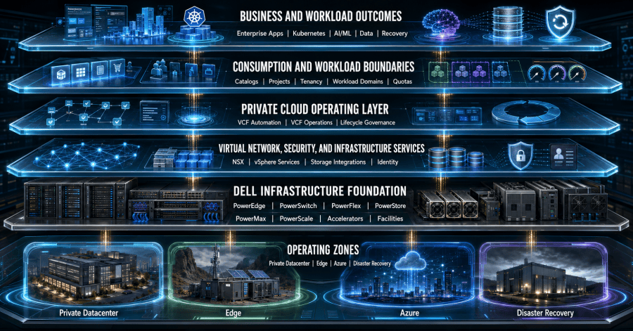Workload services depend on VCF management, policy, automation, networking, operations, lifecycle controls, and supported Dell compute, storage, and fabric infrastructure.