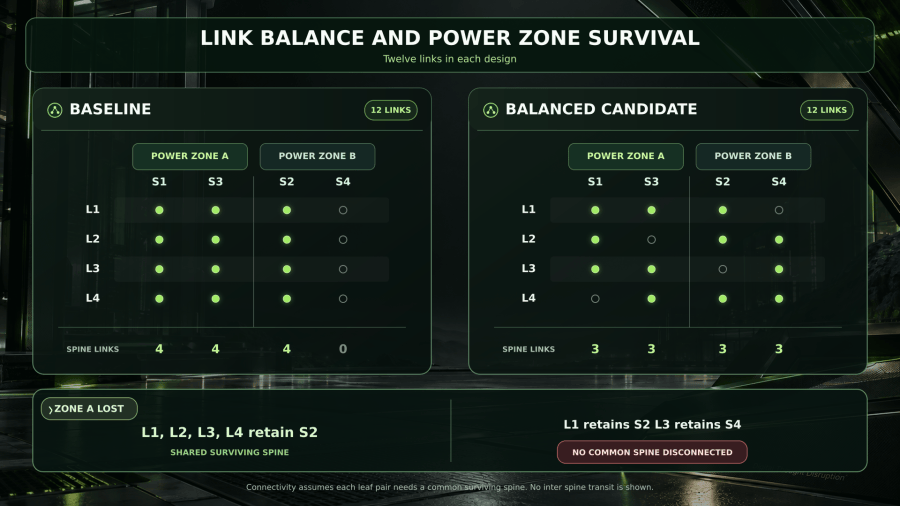 Comparison of two twelve-link leaf-spine fabrics: the balanced candidate loses a common surviving spine after a modeled power-zone failure.
