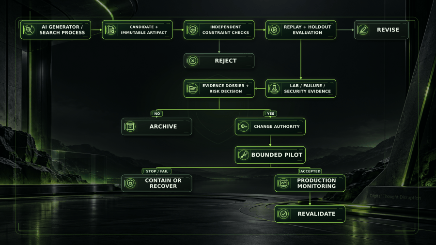 AI discovery promotion flow from candidate artifact and independent checks through replay, evidence dossier, change authority, bounded pilot, monitoring, and revalidation.
