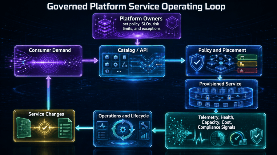 Demand passes through service policy, placement, delivery, observation, governed change, lifecycle, and feedback to create a measurable private-cloud operating loop.